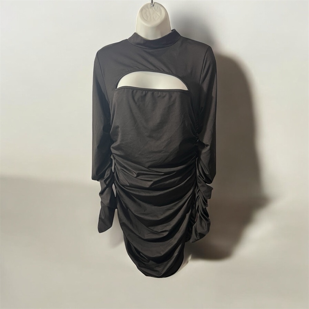 Women’s Black Ruched Cut-Out Long Sleeve Mini Dress – Size L – NWOT